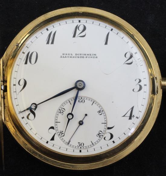An early 20th century Swiss 18ct gold keyless lever hunter pocket watch retailed by Paul Ditisheim,